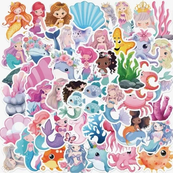 Cute Mermaid & Sea Friends 50 Stickers Fish Shells Pastel Pink, Blue, Purple - Picture 2 of 9